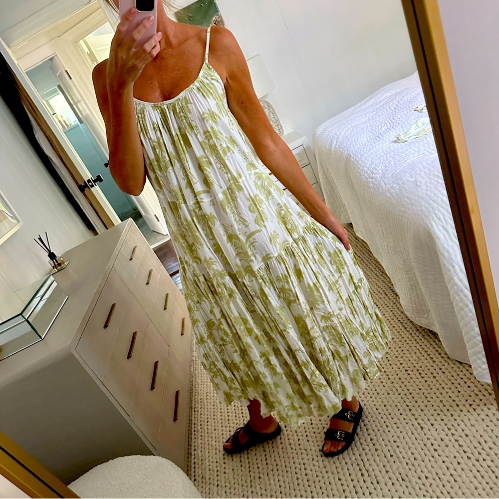 Palm tree tropical print sundress in lime green